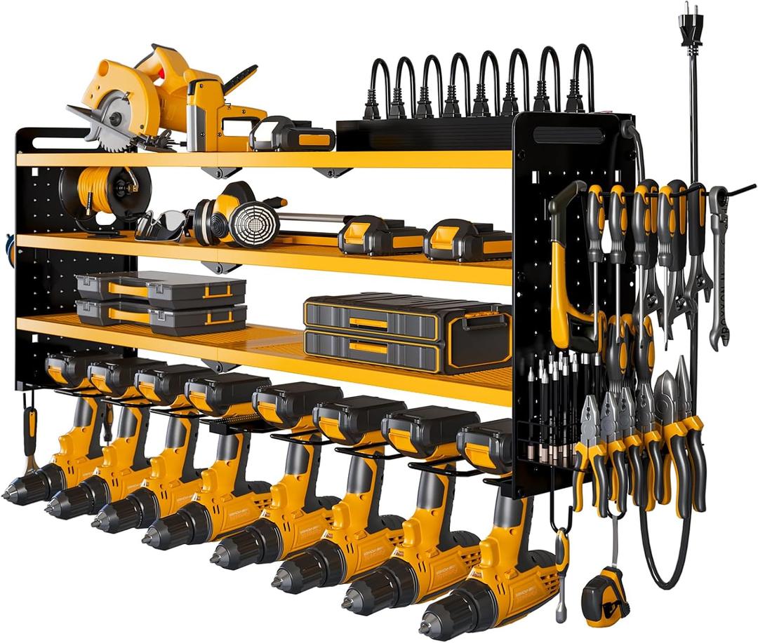 NattyDot Power Tool Organizer Wall Mount with Charging Station, 8 Drill Holder, 4 Layer Storage Rack for Garage Organization, Tool Holder with 8 Outlet Power Strip (Yellow)