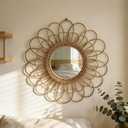 OYPEIP 22" Large Rattan Innovative Art Decoration Round Makeup Mirror Dressing Bedroom Bathroom Wall Hanging Mirrors Craft Photo Props,Glass Decor