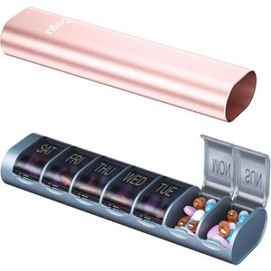 Weekly Pill Organizer, 7-Day Aluminum Case with Pop-up Design,Arthritis Friendly, Large Capacity for Vitamins Supplements and Medication, BPA Free (Rose Gold)