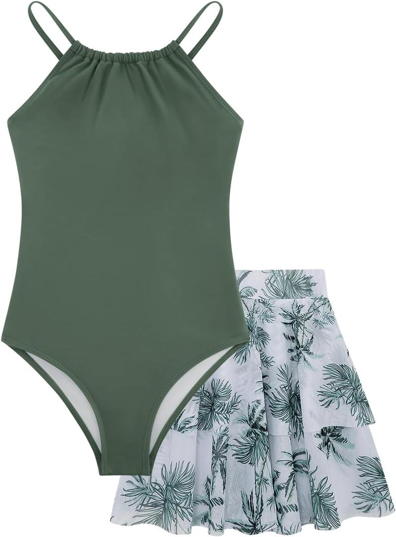 Girls One Piece Swimsuits with Mesh Skirt Tanikini Bathing Suit Swimwear 6-14Y