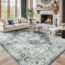 Lessymo Large Area Rugs 9x12 for Living Room, Soft Washable Rug for Bedroom Dining Room Nursery Room Farmhouse, Boho Non Slip Low Plie Carpet Vintage Floral Design, Blue Grey/Beige