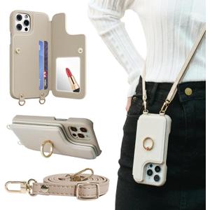 Crossbody Wallet Case for iPhone 16 Pro Max, Card Slot Phone Case with 360 Ring Stand, Built-in Makeup Mirror, Snap Closure, Adjustable Shoulder Strap, 6.9 Inch (White)
