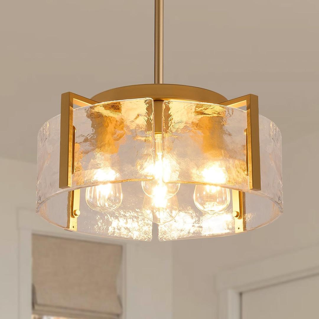 Gold Chandeliers for Dining Room, 4-Light Glass Drum Chandelier Foyer Lighting Fixtures Modern Kitchen Island Pendant Light Over Table for Entryway Hallway Laundry Room Bedroom Bathroom