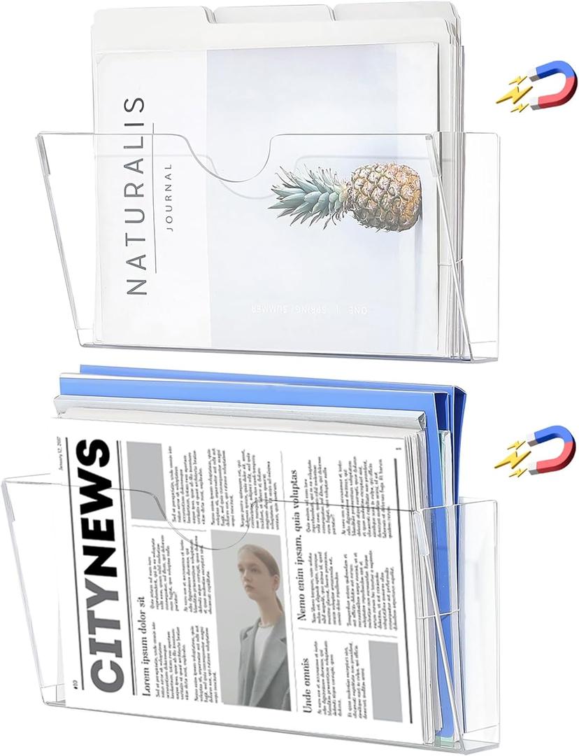 Qozary Clear Acrylic Magnetic File Holder - 2 Pack Magazine Rack for File Cabinets, Magnetic Mail Holder, File Organizer for Refrigerator, White Board, Office (Transparent, Medium)