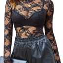 Kate Kasin Lace Tops for Women, Sexy Mesh Long Sleeve Sheer Shirts, Slim Fitted See Through Lace Blouses (Black-1)