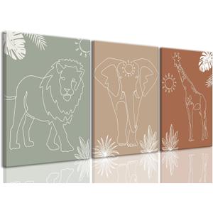 Wodkwq Nursery Wall Art Safari Animal Canvas Prints Boy Baby Room Decor Poster Toddler Room Decoration Minimalist Boho Jungle Painting Pictures Set of 3 for Kids Bedroom Bathroom 12x16in Framed
