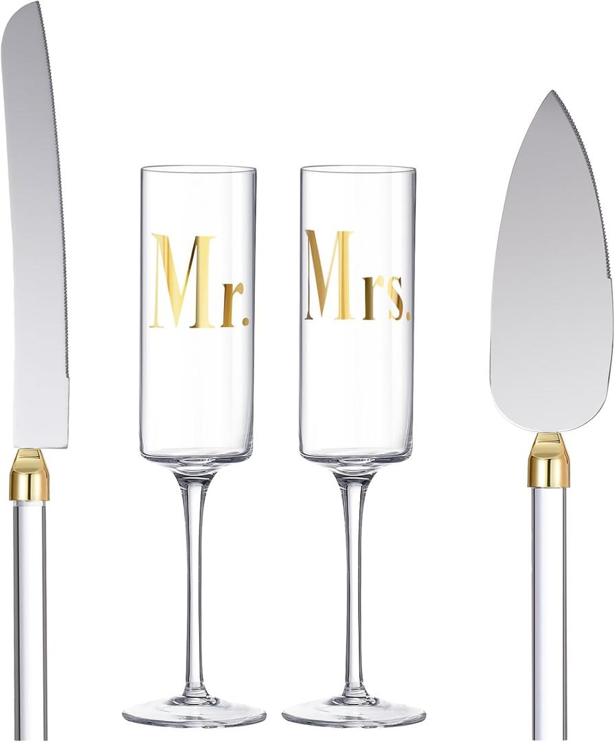 Boao 4 Pieces Wedding Toasting Flutes and Cake Server Set Wedding Reception Supplies Cylinder Champagne Glasses Cake Knife Pie Server(Gold)