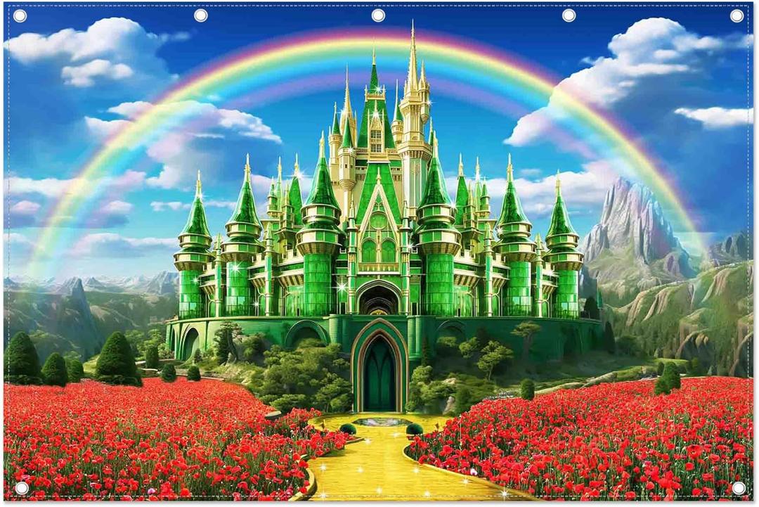 12x8ft Polyester Green Castle Backdrop Yellow Brick Road Rainbow Sky Photography Background Floral Banner Kids Party Decorations Photo Props