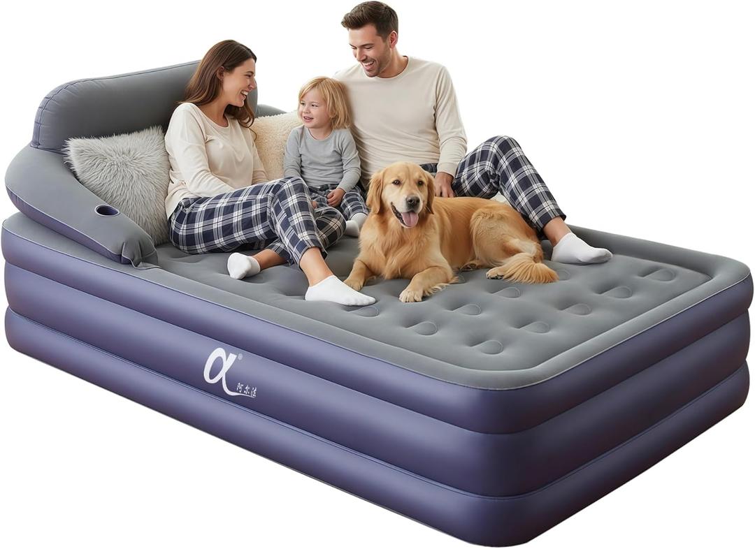 A-ER-FA Queen Air Mattress with Detachable Headboard and Cup Holder - 20 Height 700lbs Capacity Comfort Inflatable Bed for Guests Home Camping and Travel Durable Construction,Colchn Inflable,Air Bed