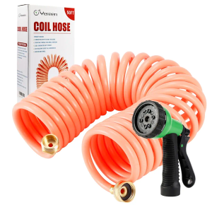 Coil Garden Hose 50FT, EVA Recoil Garden Hose, Self-coiling Water Hose with 3/4" Connector Fittings with 8 Function Spray Nozzle, Creamy Orange