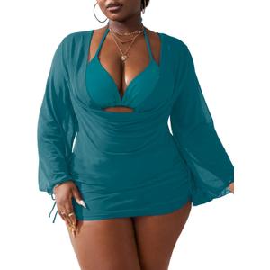 WODECASA Women's Plus Size 3 Piece Swimsuits Halter Triangle Bikini Set with Drawstring Semi Sheer Cover Up Bathing Suit 3XL