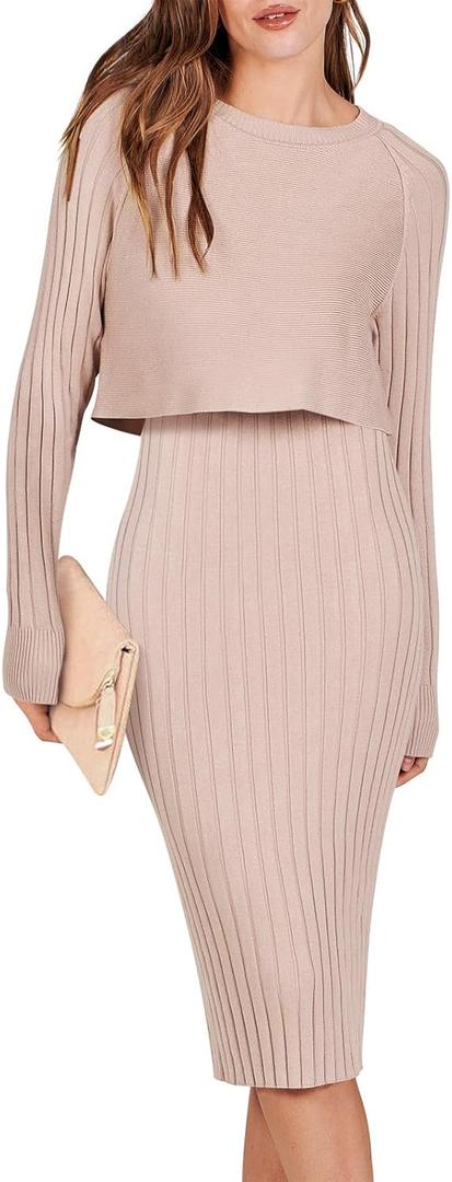 ANRABESS Women's 2 Piece Outfits Sweater Skirt Sets Casual Long Sleeve V Neck Ribbed Knit Tops Midi Dress 2025 Fall Fashion Beige Large