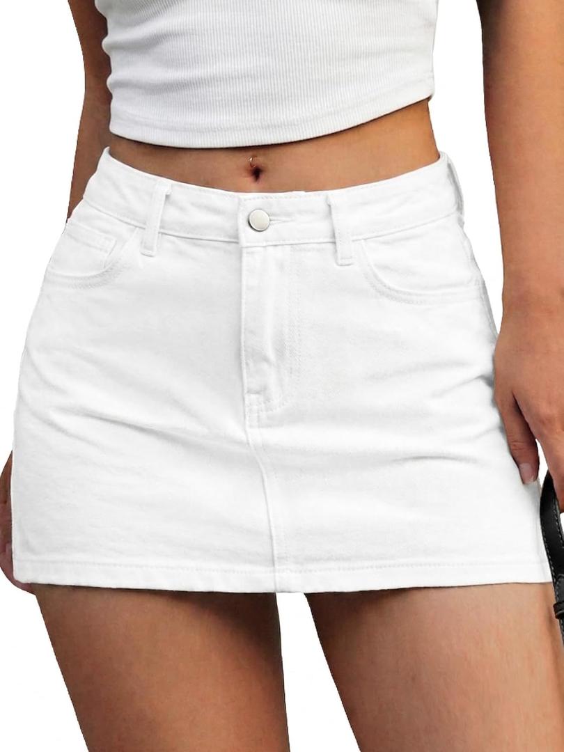 ELLEVEN Denim Mini Skirt for Women, High Stretch Low Waist Jean Skirt with Shorts Underneath Sexy Bodycon Casual Micro Skort (White, M)