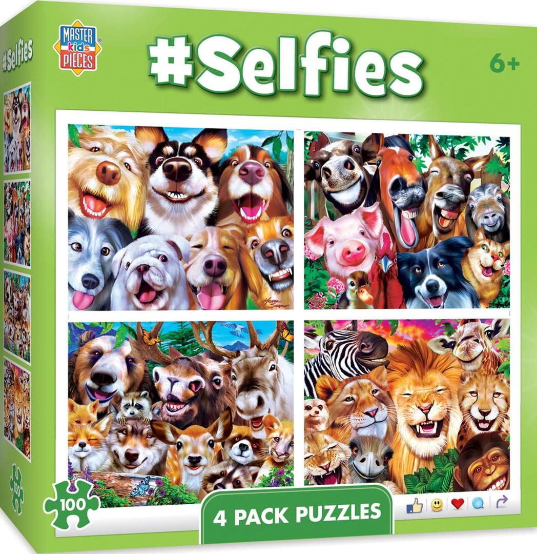 MasterPieces  Jigsaw Puzzle Set for Kids 6+ Years, 4-Pack of 100 Pieces, Educational and Fun Game, Silly Animals Collection, Gift Idea for Children, 8" x 10"
