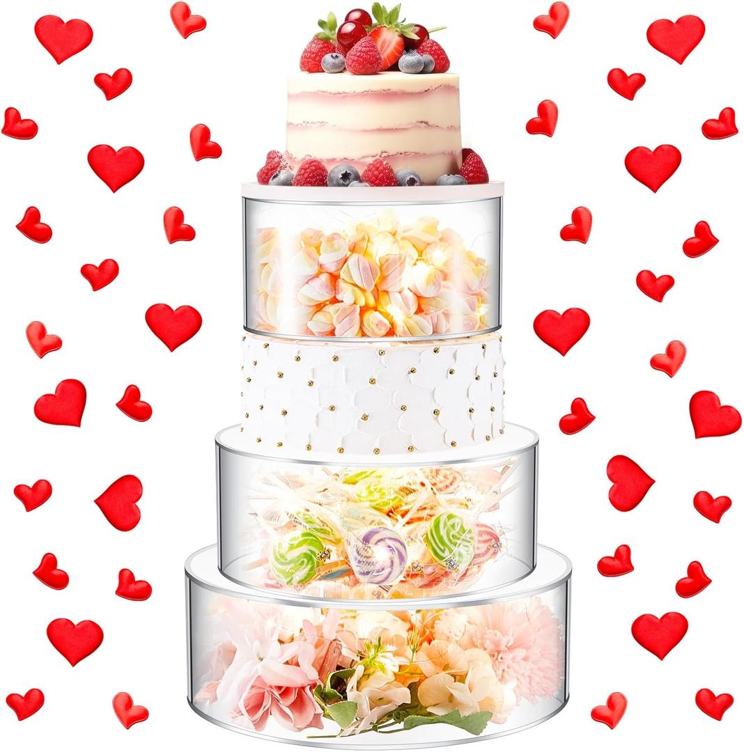 Sintuff 3 Pcs Acrylic Cake Stand with LED Lights Clear Fillable Cake Riser Round 3 Tier Case Cylinder Box for Christmas Wedding Birthday Xmas Holiday Party Display (8 Inch, 10 Inch, 12 Inch)