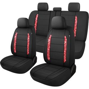 CAROMOP Bling Leather Car Seat Covers Full Set for Cute Women Girl-Shining Rhinestone Waterproof Seat Cover for Automotive,Universal Fit Most Cars Sedans SUVs Trucks(Red Diamond)
