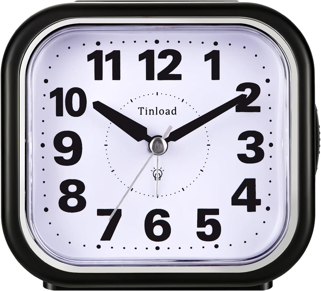 4.5" Compact Analog Alarm Clock, Silent Readable for Seniors, Easy to Set, Gradual Rise Alarm, Big Numbers, On/Off Switch on Side, Gentle Wake, Snooze, Lighted on Demand, Battery Operated, Black