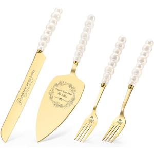 Wedding Cake Knife and Server Set, Gold Ceramic Pearl Handle Cake Cutting Set for Weddings, Engagements, Anniversaries, and Engagement Gifts for Couples