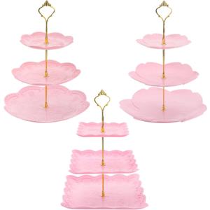 Tosnail 3-Pack 3 Tiers Plastic Cupcake Dessert Stand, Tiered Serving Trays with Gold Rod, Candy Pastry Holders for Baby Shower, Wedding and Party, Pink Plates