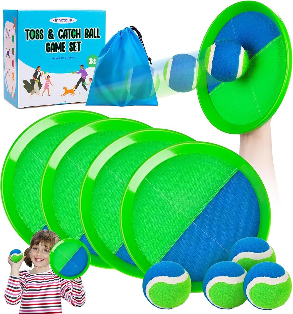 Toss and Catch Ball Game Set, 4 Paddles and 4 Balls Outdoor Paddle Catch Game for Kids, Backyard Beach Pool Yard Toy, Summer Birthday Gift for Boys Girls Ages 4-12