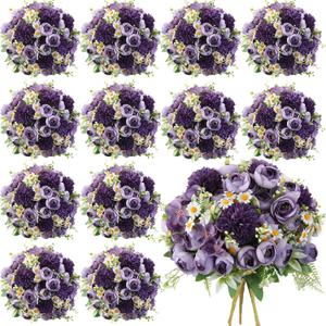 Tigeen 12 Bundles Peonies Artificial Flowers Faux Roses Silk Flowers Hydrangea Artificial Bouquet for Wedding Table Centerpiece Floral Vase Home Office Bridal Decor (Dark Purple)