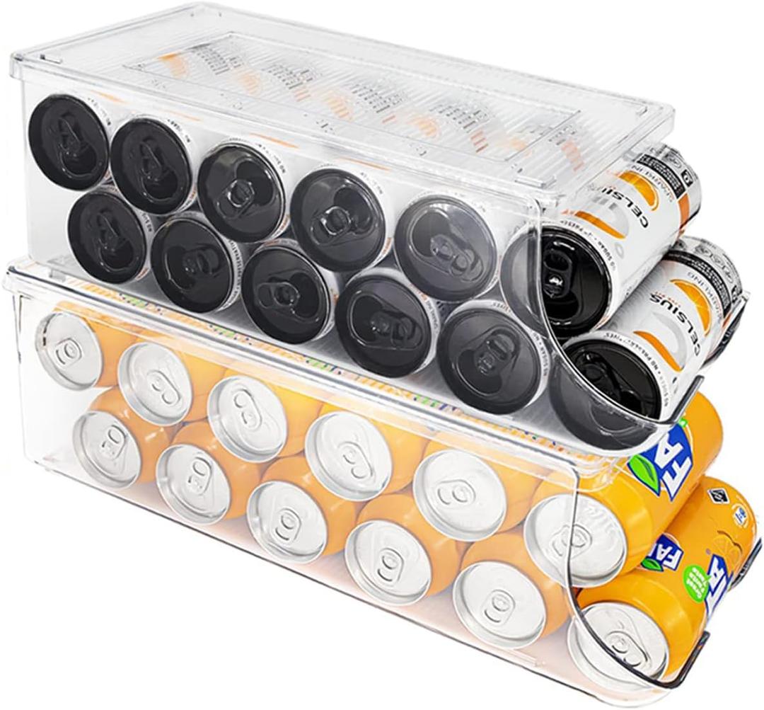 Standard & Skinny Can Organizer for Refrigerator, Stackable Soda Pop Holder Dispenser With Lid for Fridge Pantry Rack Freezer, Clear Plastic Storage Bins-Holds 12 Cans Each