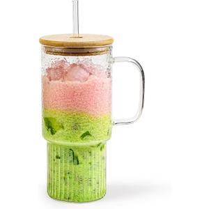 32oz Glass Cups with Handle & Bamboo Lids and Straws, Borosilicate Glass Tumblers for Iced Coffee, Smoothies, Fruit Drinks. Reuseable Glasses Cups for Cold/Hot Water (Bamboo Lid 1 pack)