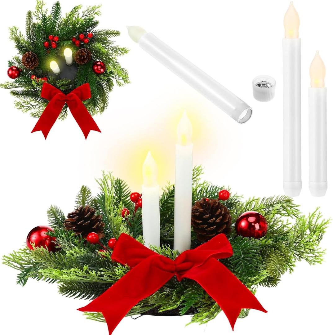 Suncalla 3 Pcs 13.5 Inch Christmas Centerpiece Include Christmas Candle Wreath with 2 Flameless Candles Red Ribbons Pine Cones Red Berries Spherical Xmas Table Centerpiece Decor for Party Winter Decor