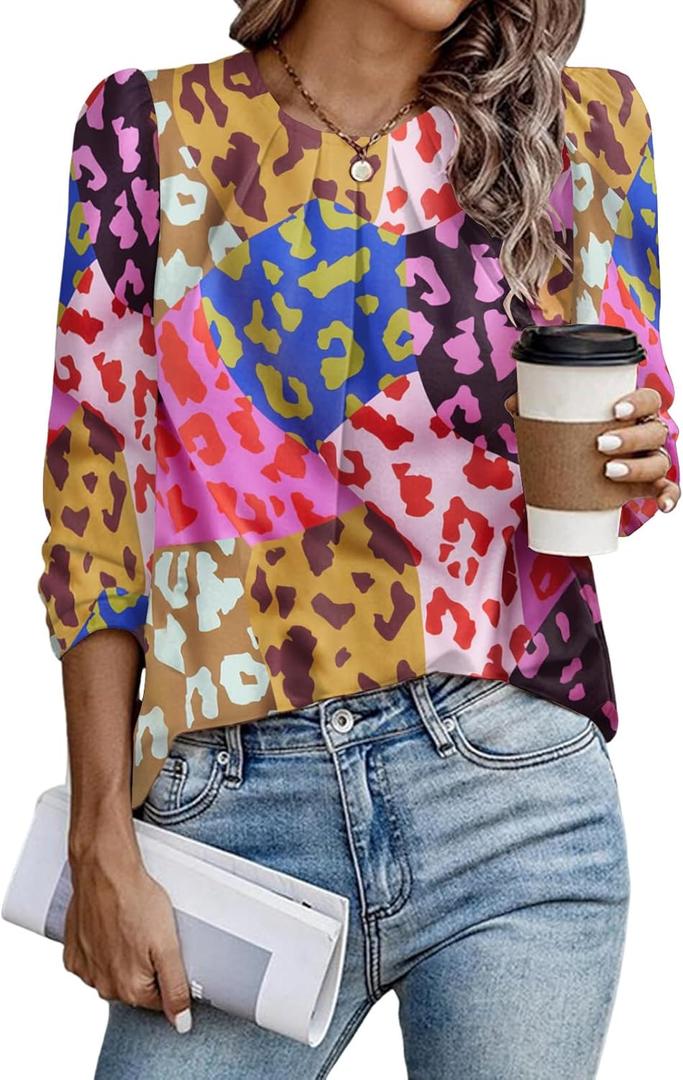 Samefar Womens Tops Dressy Casual Pleated Crew Neck Long Sleeve Shirts Office Work Chiffon Blouses (Large, Floral)