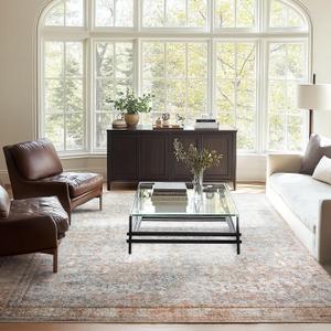 Neutral Boho Carpet 9x12ft - Non-Skid Washable Area Rug with Stain & Fade Resistant Backing - Child & Pet Safe Low-Pile Rug for Living Room, Bedroom, Dining Room (Lo-multi-3)