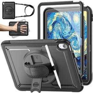 Case for iPad A16 11th/10th Generation Case 11/10.9 Inch 2025/2022, Drop Protection with Screen Protector & 360 Rotate Hand Strap/Stand, Shoulder Strap, Black