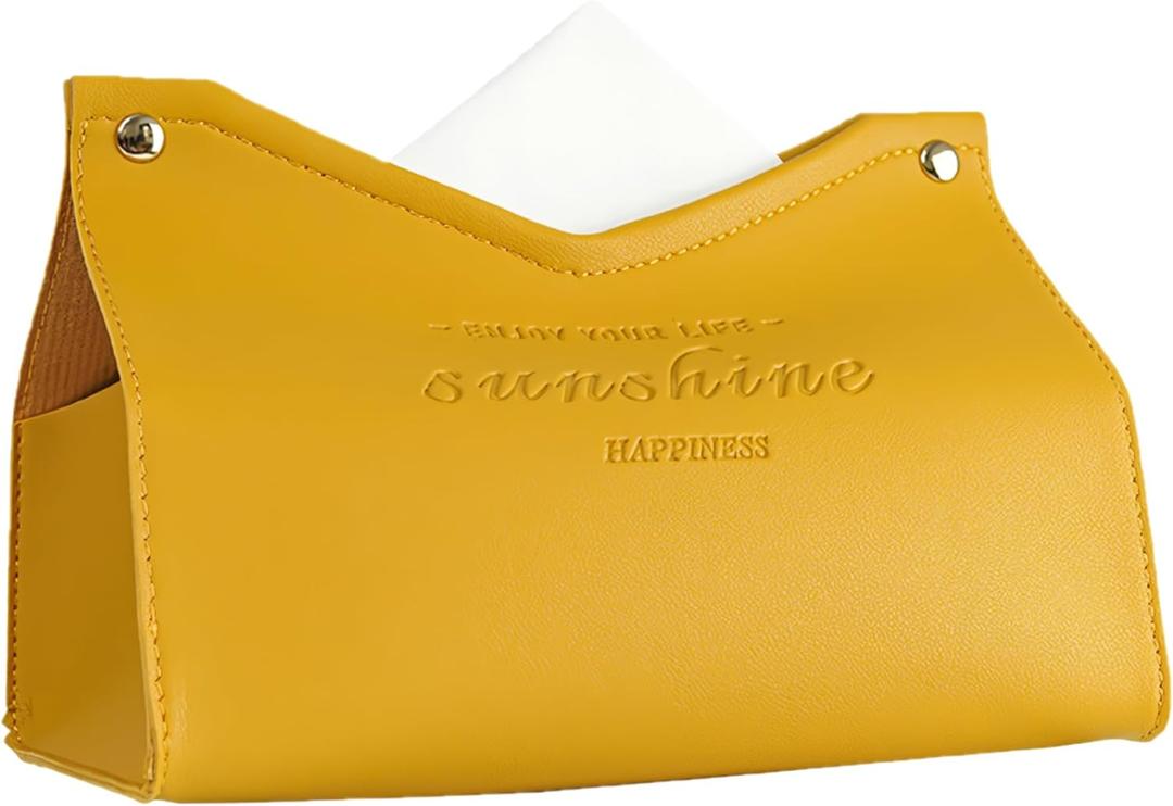 Tissue Box Cover Rectangle - Premium PU Leather Minimalist Tissue Holder - Modern Nordic Decor for Home, Office & Car - Decorative Tissue Cover for Table Vanity Nightstand Parlors Countertop (Yellow)