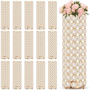 Dandat 16 Pcs Crystal Flower Vase and Pillar Candle Holder Set 10.24 Inch Wedding Cylinder Flower Vases Stand Table Centerpieces Candle Holders for Table Room Home Wedding Party Events Decor(Gold)