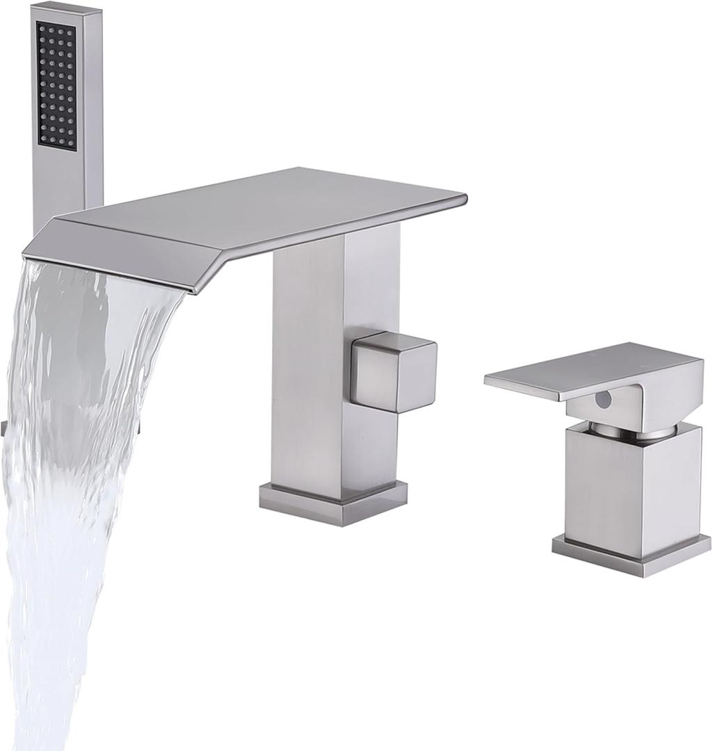 Roman Tub Faucet with Handheld Shower Waterfall Bathtub Faucet 3 Hole Widespread Tub Filler Deck Mount Brushed Nickel