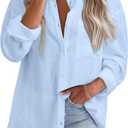 Astylish Women 2026 Loose Fit Tops Cotton Linen Button Down Shirts Collared Roll Up Long Sleeve V Neck Blouses (Medium, Sky Blue)