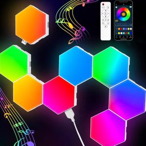 TISOFU Hexagon Lights (8 Pack) LED Wall Panels, RGB Gaming Lights with APP, Smart Modular Panel Hex Tiles Push Glide Expansion Shapes Light