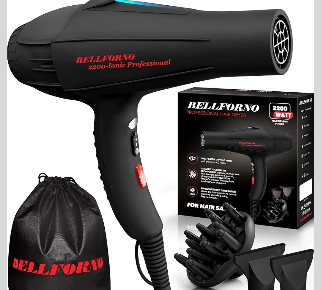 Professional 2200W Diffuser Hair Dryer for Curly and Natural Wavy Hair, Low Noise Negative Ionic Blow Dryer with Diffuser, The New Upgraded Motor & Ceramic Technology for Fast Drying by BELLFORNO