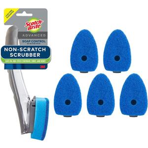 Scotch-Brite Advanced Soap Control Non-Scratch Dishwand Kit, 1 Dish Wand & 5 Sponge Refills, Prevents Soap from Leaking, Best for Nonstick Pots and Pans, Glass, Tubs, & Showers
