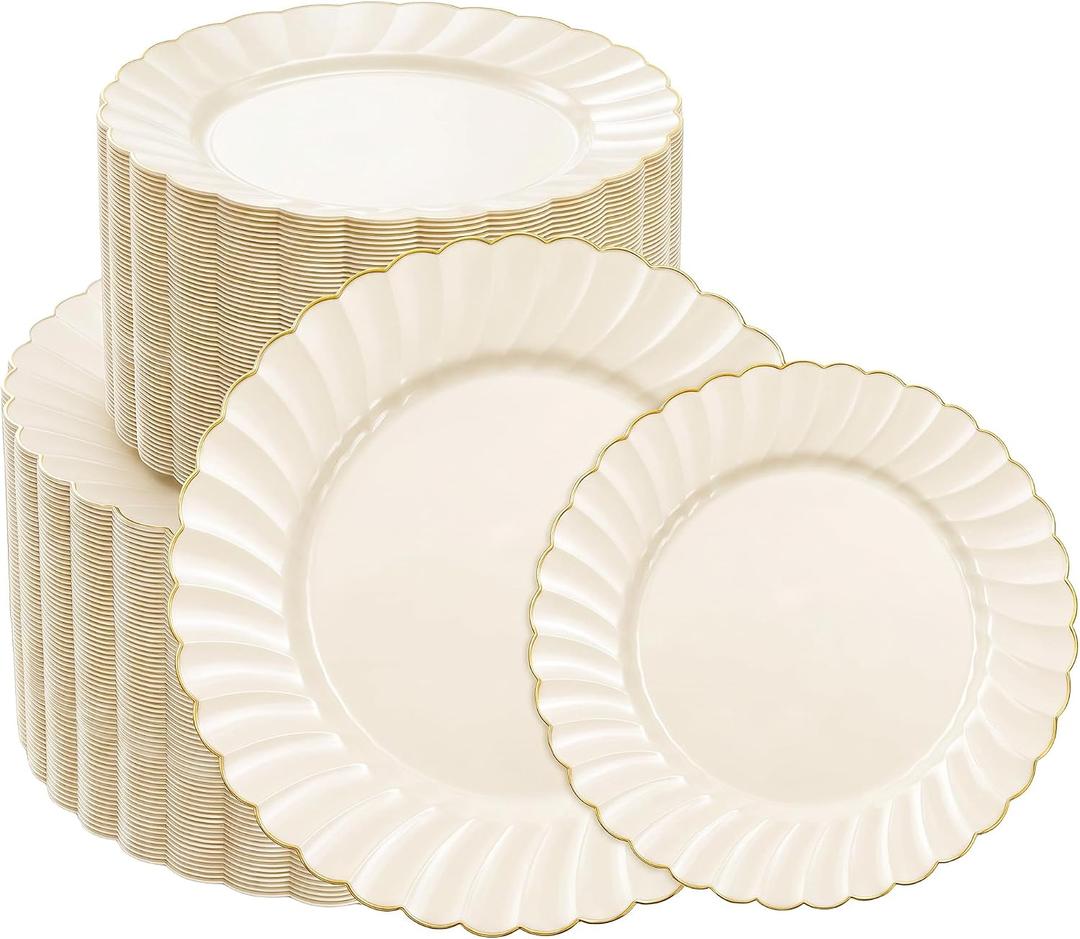 200 Pc Scalloped Ivory Gold Plastic Plates for Party