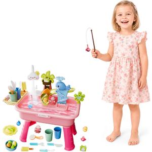 2026 Upgraded Water Table for Toddlers 1-3, Kids Mini Play Sink Toys with Running Water & Electric Pump, Kitchen Sink Sensory Toy, Fishing Game Outdoor Water Play Table for Kids Ages 4-8, Pink