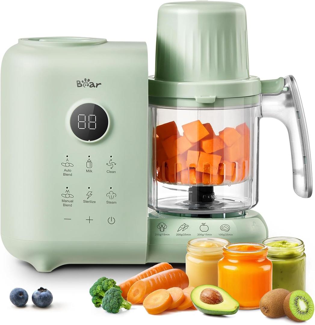 Bear Baby Food Maker with 18.5oz Dual-Layer Steam Baskets, OneStep Baby Food Processor Steamer Puree Blender Grinder Mills, Auto Cooking Grinding&Sterili-Zing for Healthy Homemade Baby Food, BPA-Free (Green)