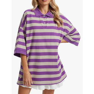 Womens Striped Polo T-Shirts Oversized Short Sleeve Top Cotton Color Block Loose Basic Tee Casual Tunics Summer Spring Tops, L
