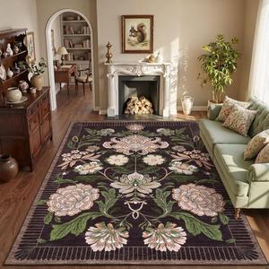 GarveeHome Plum Pink Floral Christmas Washable 5x7 Rug for Living Room, Black Purple Vintage Boho Cottage Throw Rugs Low Pile Carpet for Bedroom Dining Nursery Rug