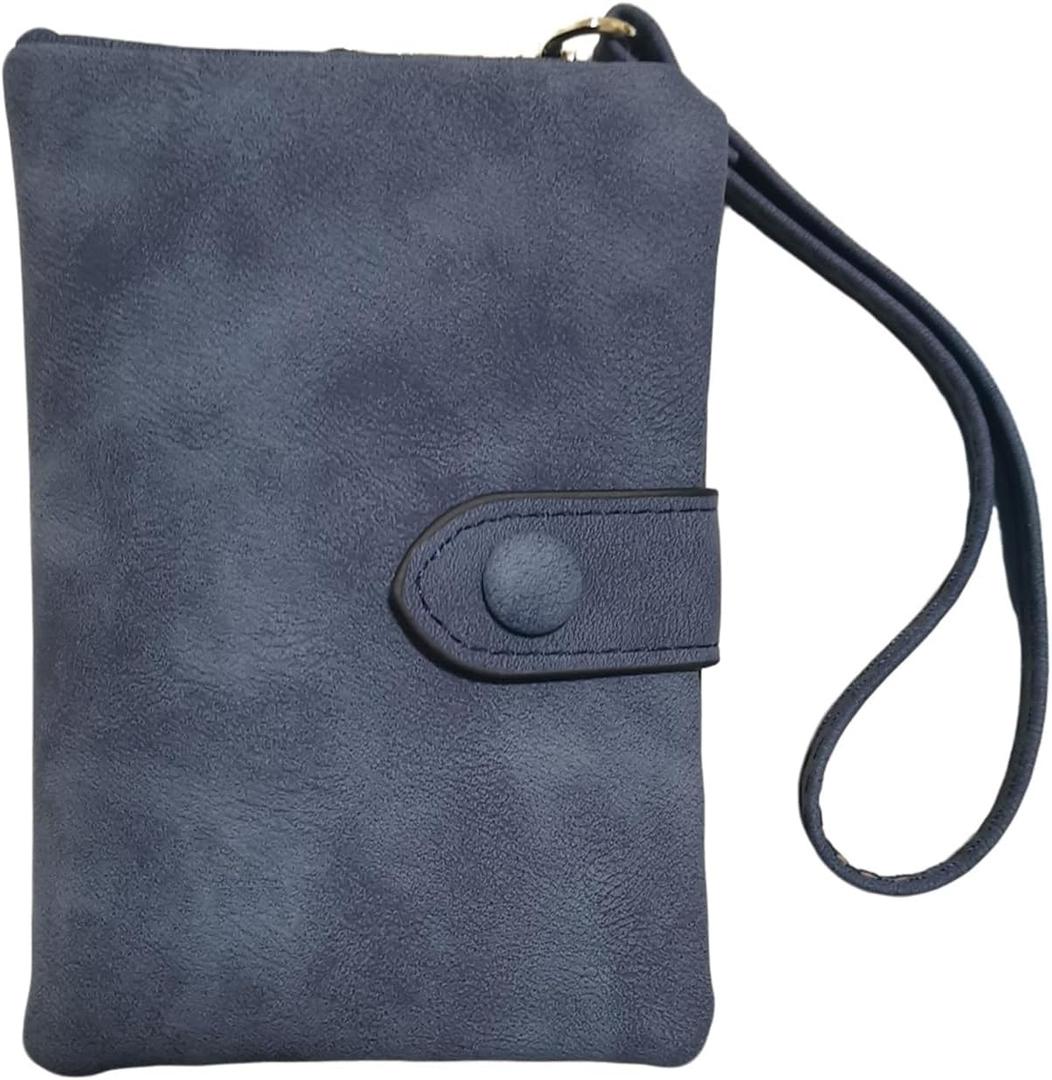 Women Wallet with Wrist Strap Soft PU Leather, Purse for Ladies with ID Window Zipper Coin Pocket 11 card slots (Blue)