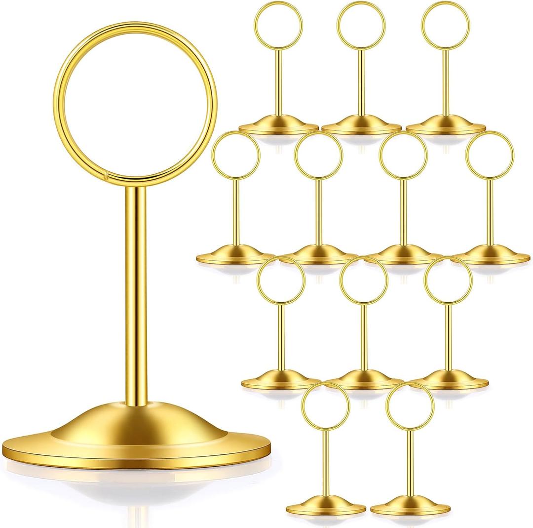 BreezeHug 12 Pcs Table Number Holders Metal Place Card Holders Gold Table Number Stands Tabletop Menu Sign Stands for Wedding Restaurant Recipe Banquet Birthday