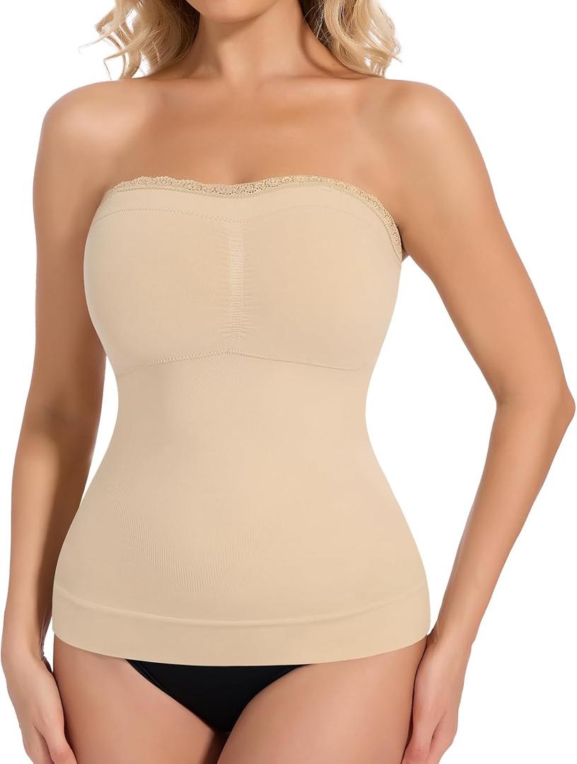JOYSHAPER Strapless Shapewear Tank Top for Women Bandeau Shapewear Camisole Long Tube Top Strapless Camisoles (Beige, L)