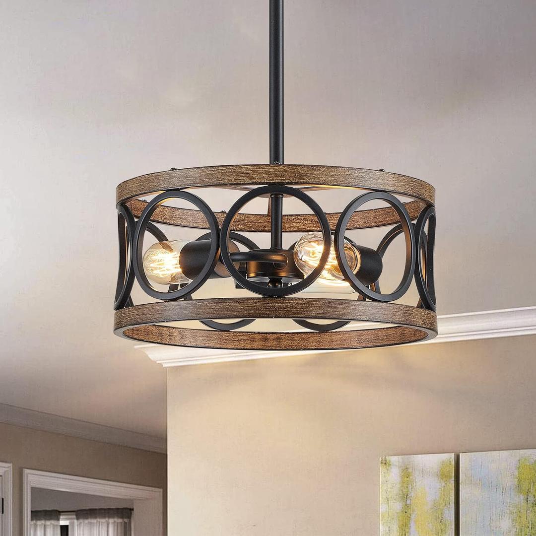 Farmhouse Pendant Light, Ceiling Light for Bedroom Hallway Kitchen Entryway, Dining Room Light Fixtures 3-Light Nickel and Wood Grain Metal Hanging Lamp