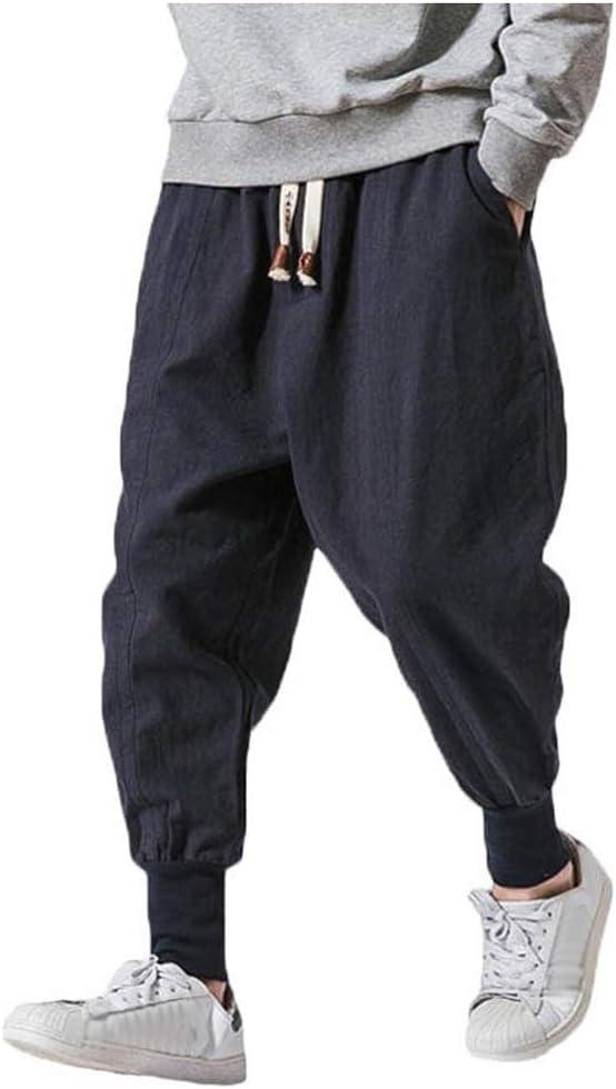 LifeHe Men Linen Drop Crotch Wide Leg Baggy Harem Pants (Large, Blue)