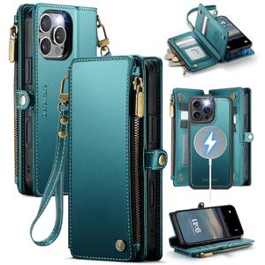 Defencase for iPhone 16 Pro Magnetic Wallet Case Compatible with Magsafe with RFID Blocking Zipper Strap Card Holder for Women Men PU Leather Detachable Case for iPhone 16 Pro (6.3 inches), Blue Green