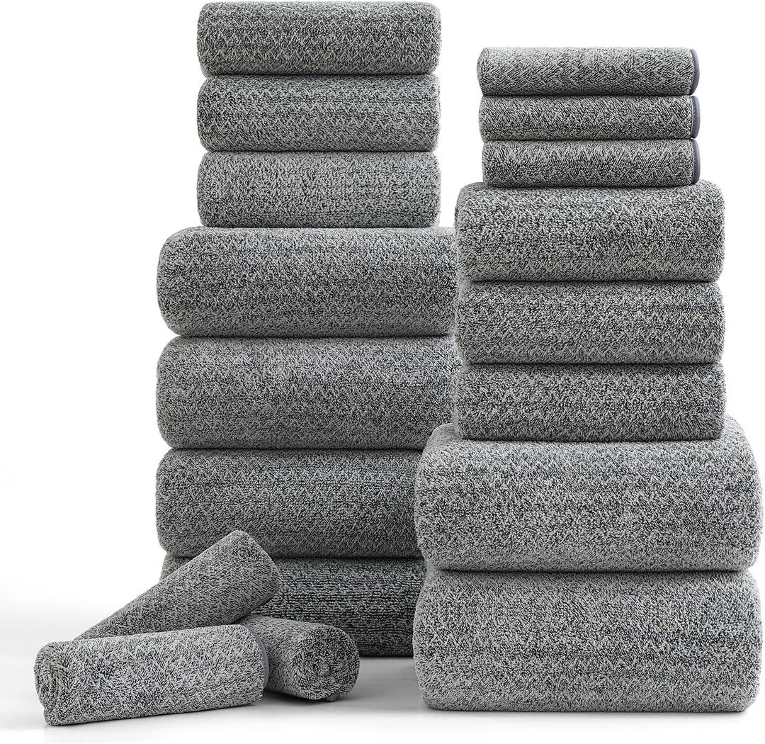 Ycosy 18 Piece Bath Towels Set,100% Microfiber Family Bathroom Towel with Hanging Loops-6 Bath Towels,6 Hand Towels,6 Washcloths,Quick Dry Highly Absorbent Shower Towel for Bathroom,Hotel,Spa-Grey